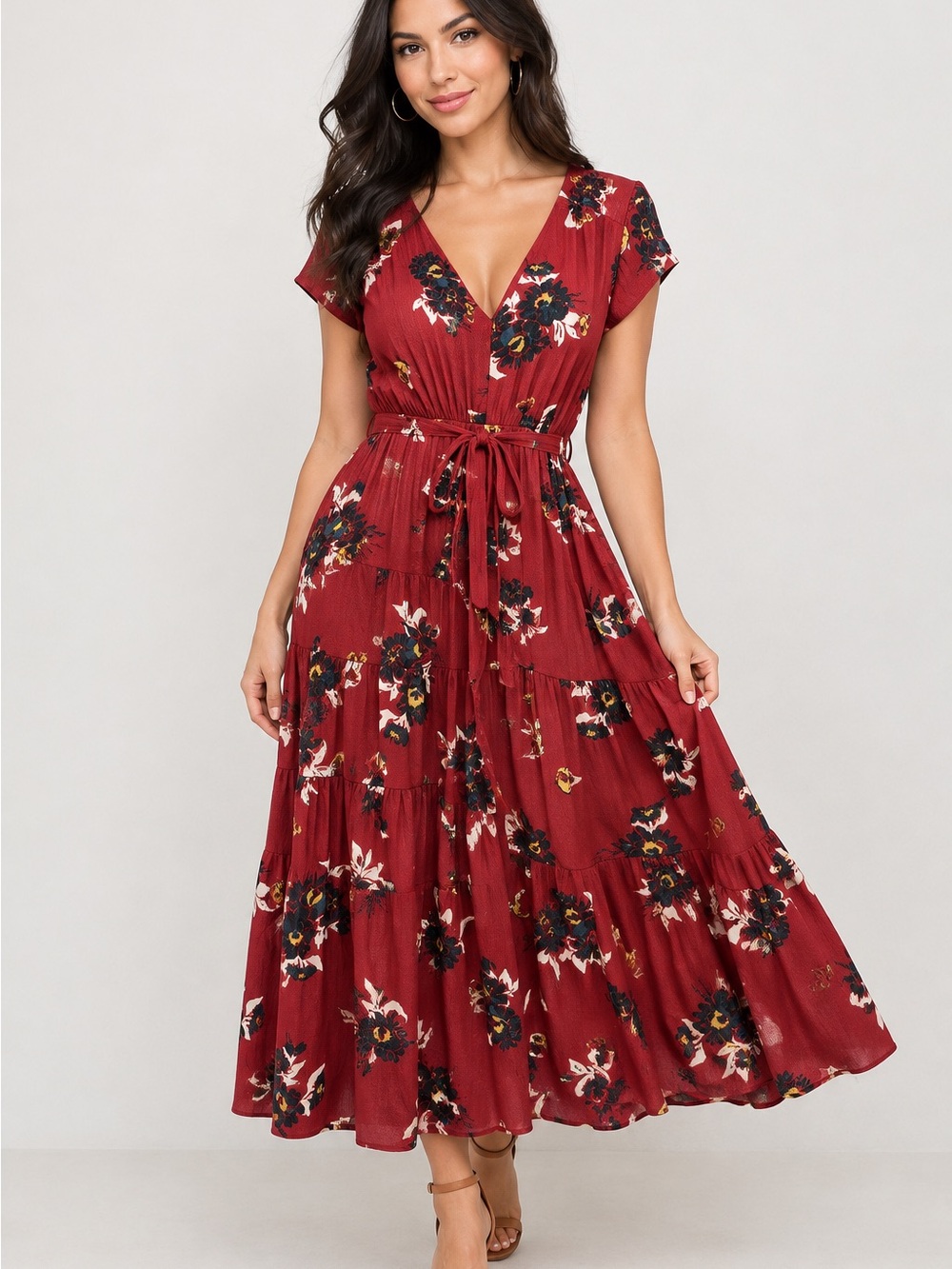 Free People Tiered Belted Floral Burgundy Maxi Dress Women’s Size 8 - Picture 2 of 12